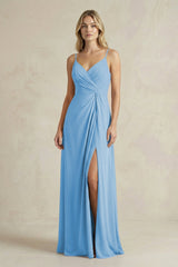 Sheath Cami Strap Ruched Chiffon Bridesmaid Dress in Steel Blue - KissProm Bridesmaid Dresses