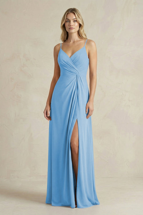 Sheath Cami Strap Ruched Chiffon Bridesmaid Dress in Steel Blue - KissProm Bridesmaid Dresses