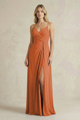 Sheath Cami Strap Ruched Chiffon Bridesmaid Dress in Terracotta - KissProm Bridesmaid Dresses