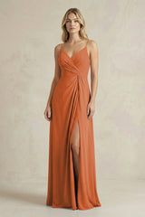 Sheath Cami Strap Ruched Chiffon Bridesmaid Dress in Terracotta - KissProm Bridesmaid Dresses