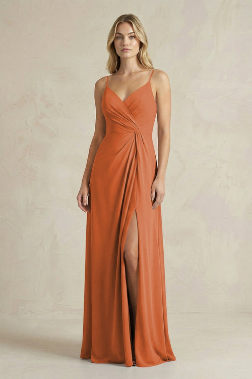 Sheath Cami Strap Ruched Chiffon Bridesmaid Dress in Terracotta - KissProm Bridesmaid Dresses