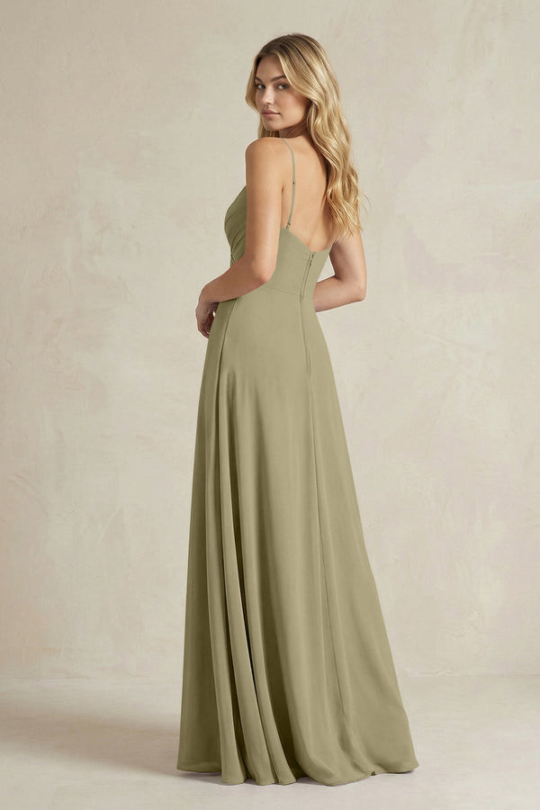 Sheath Cami Strap Ruched Chiffon Bridesmaid Dress in Thyme - KissProm Bridesmaid Dresses