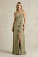 Sheath Cami Strap Ruched Chiffon Bridesmaid Dress in Thyme - KissProm Bridesmaid Dresses