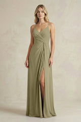 Sheath Cami Strap Ruched Chiffon Bridesmaid Dress in Thyme - KissProm Bridesmaid Dresses