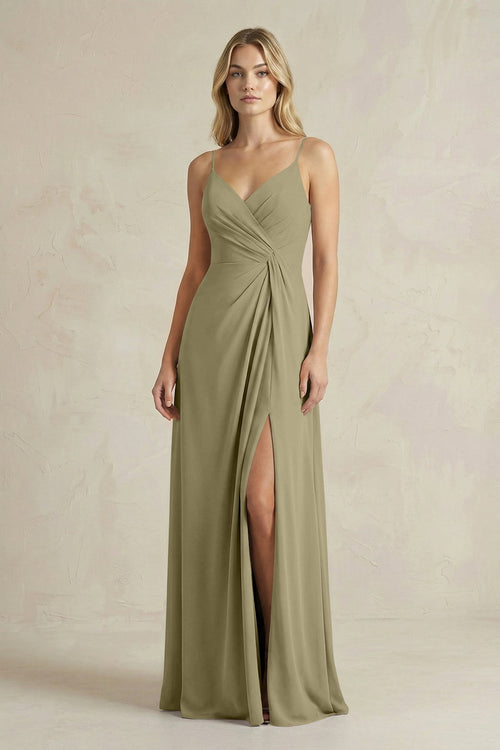Sheath Cami Strap Ruched Chiffon Bridesmaid Dress in Thyme - KissProm Bridesmaid Dresses