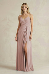 Sheath Cami Strap Ruched Chiffon Bridesmaid Dress in Toffee - KissProm Bridesmaid Dresses