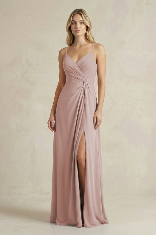 Sheath Cami Strap Ruched Chiffon Bridesmaid Dress in Toffee - KissProm Bridesmaid Dresses
