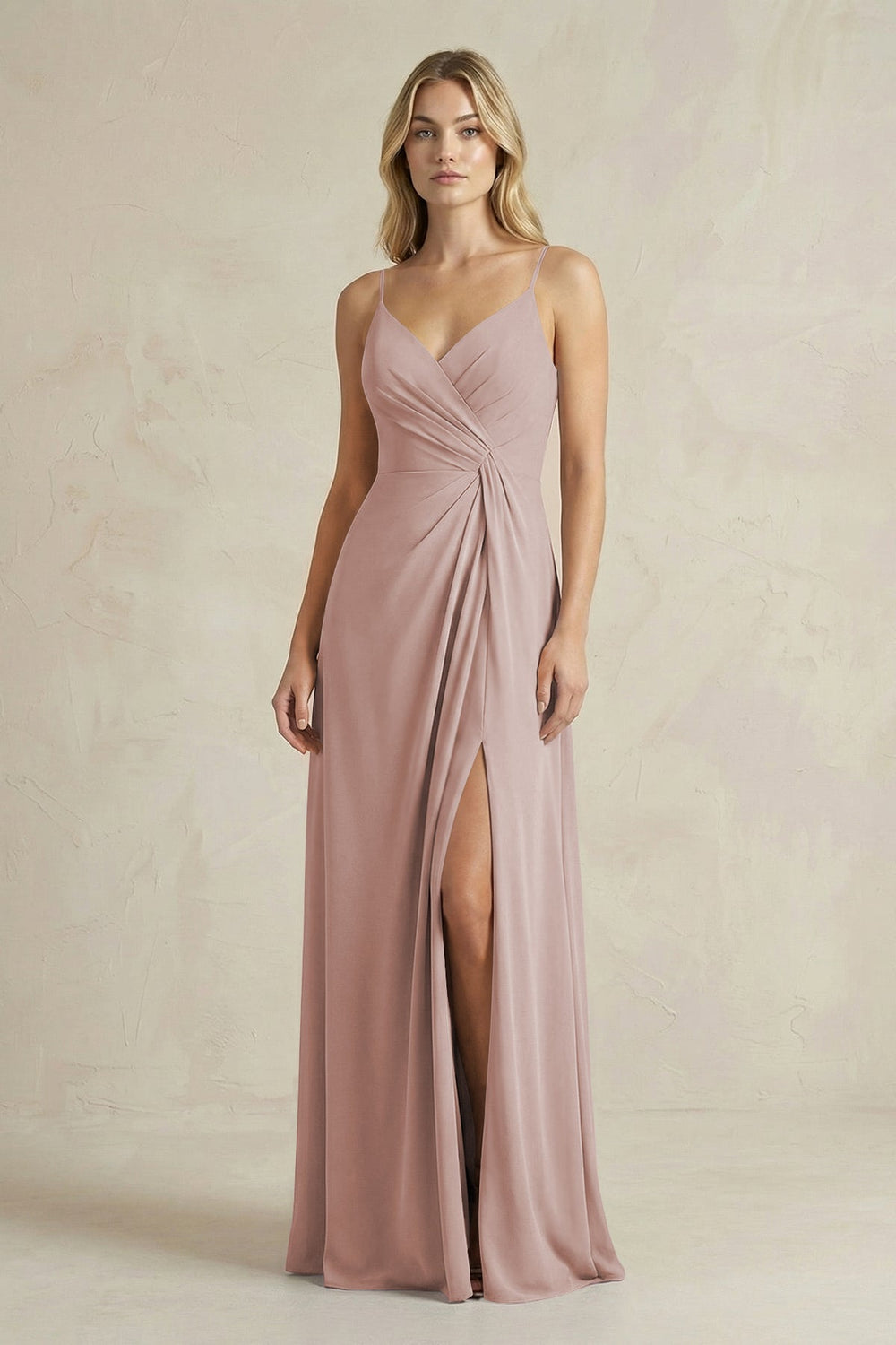 Sheath Cami Strap Ruched Chiffon Bridesmaid Dress in Toffee - KissProm Bridesmaid Dresses