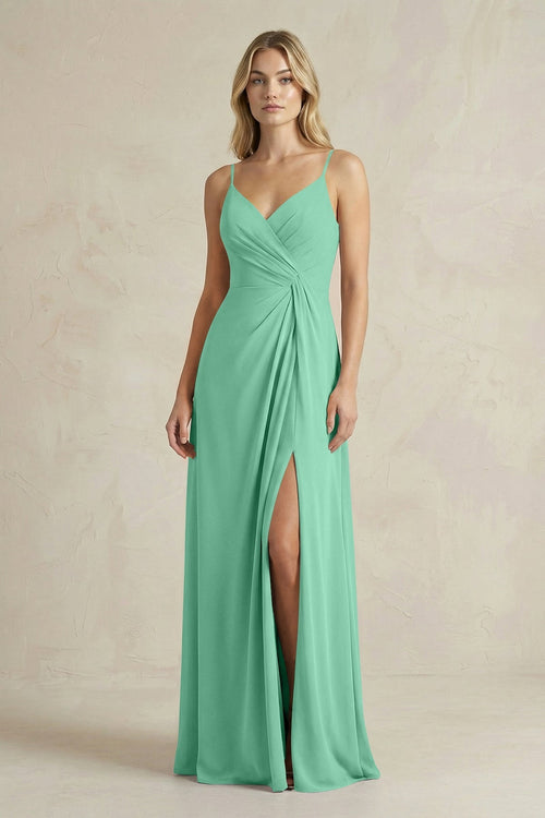 Sheath Cami Strap Ruched Chiffon Bridesmaid Dress in Turquoise - KissProm Bridesmaid Dresses