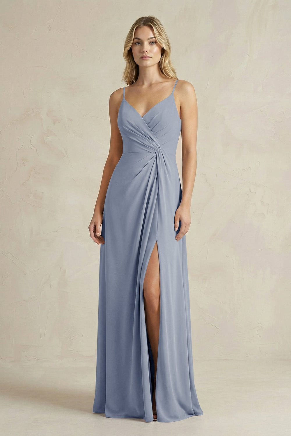 Sheath Cami Strap Ruched Chiffon Bridesmaid Dress in Twilight - KissProm Bridesmaid Dresses