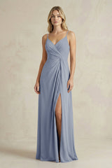 Sheath Cami Strap Ruched Chiffon Bridesmaid Dress in Twilight - KissProm Bridesmaid Dresses