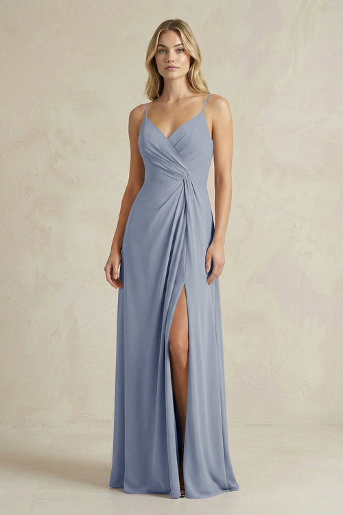 Sheath Cami Strap Ruched Chiffon Bridesmaid Dress in Twilight - KissProm Bridesmaid Dresses