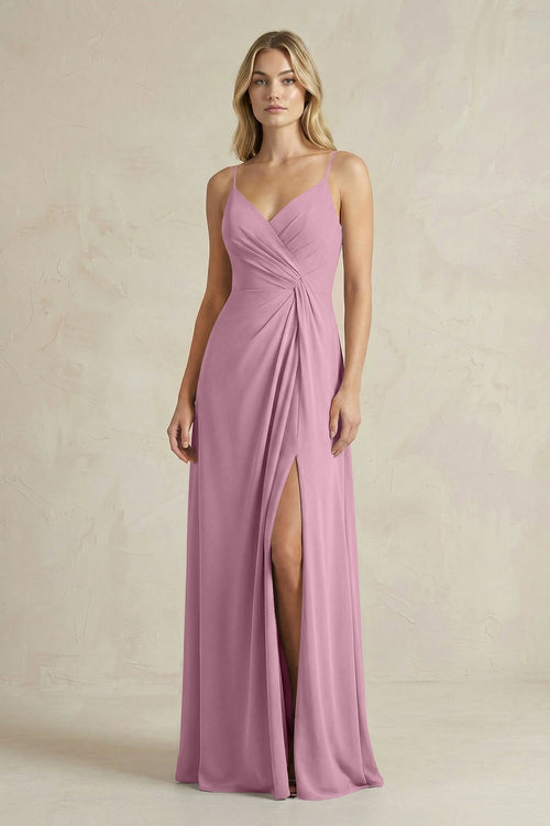 Sheath Cami Strap Ruched Chiffon Bridesmaid Dress in Vintage Mauve - KissProm Bridesmaid Dresses
