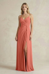 Sheath Cami Strap Ruched Chiffon Bridesmaid Dress in Wild Rose - KissProm Bridesmaid Dresses