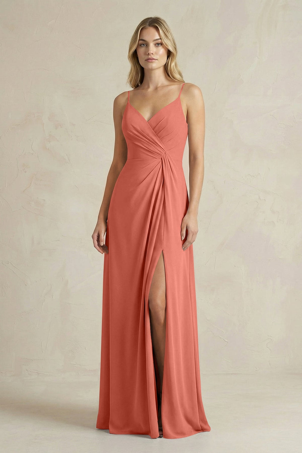 Sheath Cami Strap Ruched Chiffon Bridesmaid Dress in Wild Rose - KissProm Bridesmaid Dresses