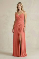 Sheath Cami Strap Ruched Chiffon Bridesmaid Dress in Wild Rose - KissProm Bridesmaid Dresses