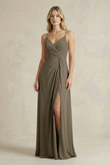 Sheath Cami Strap Ruched Chiffon Bridesmaid Dress in Willow Green - KissProm Bridesmaid Dresses