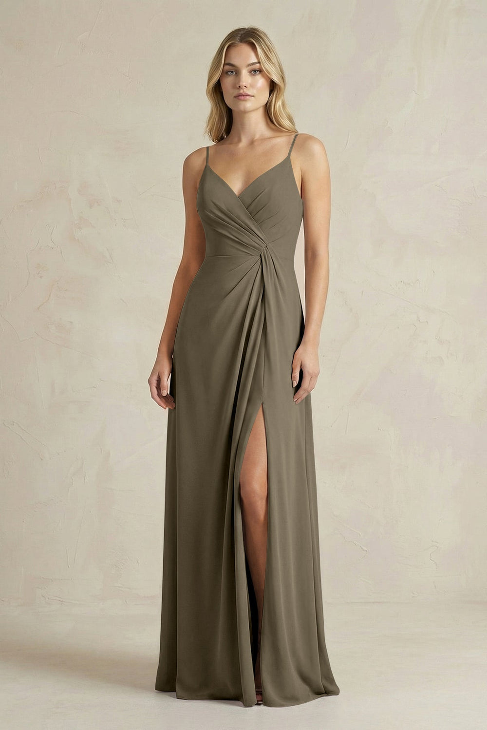 Sheath Cami Strap Ruched Chiffon Bridesmaid Dress in Willow Green - KissProm Bridesmaid Dresses