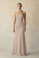 Sheath Chiffon Strapless Pleated Bridesmaid Dress in Almond - KissProm Bridesmaid Dresses
