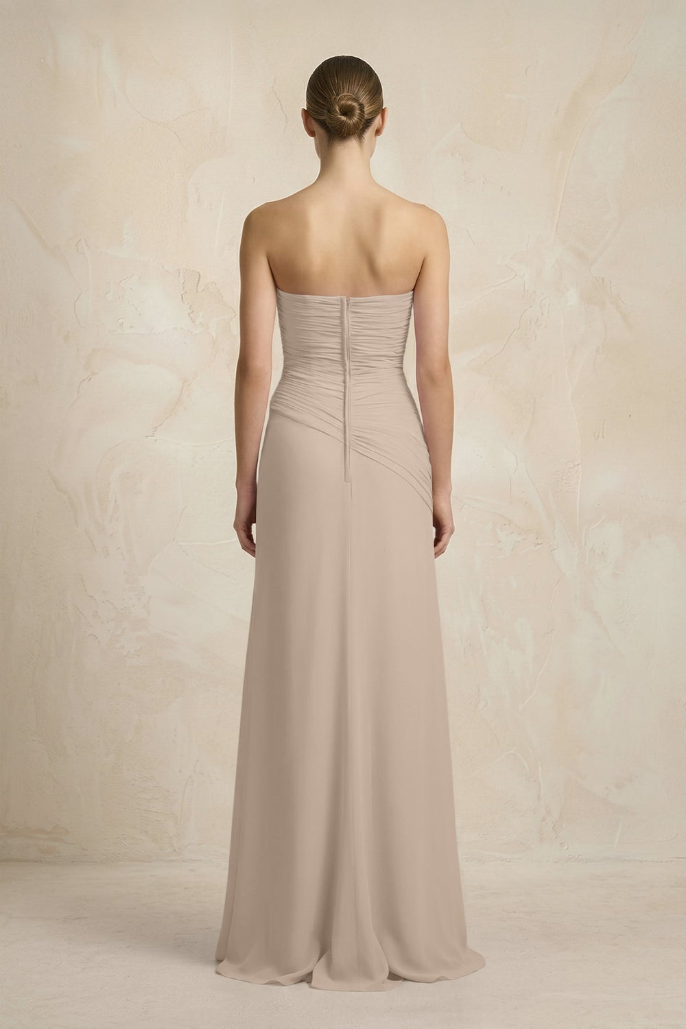 Sheath Chiffon Strapless Pleated Bridesmaid Dress in Almond - KissProm Bridesmaid Dresses