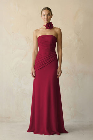 Sheath Chiffon Strapless Pleated Bridesmaid Dress in Berry - KissProm Bridesmaid Dresses