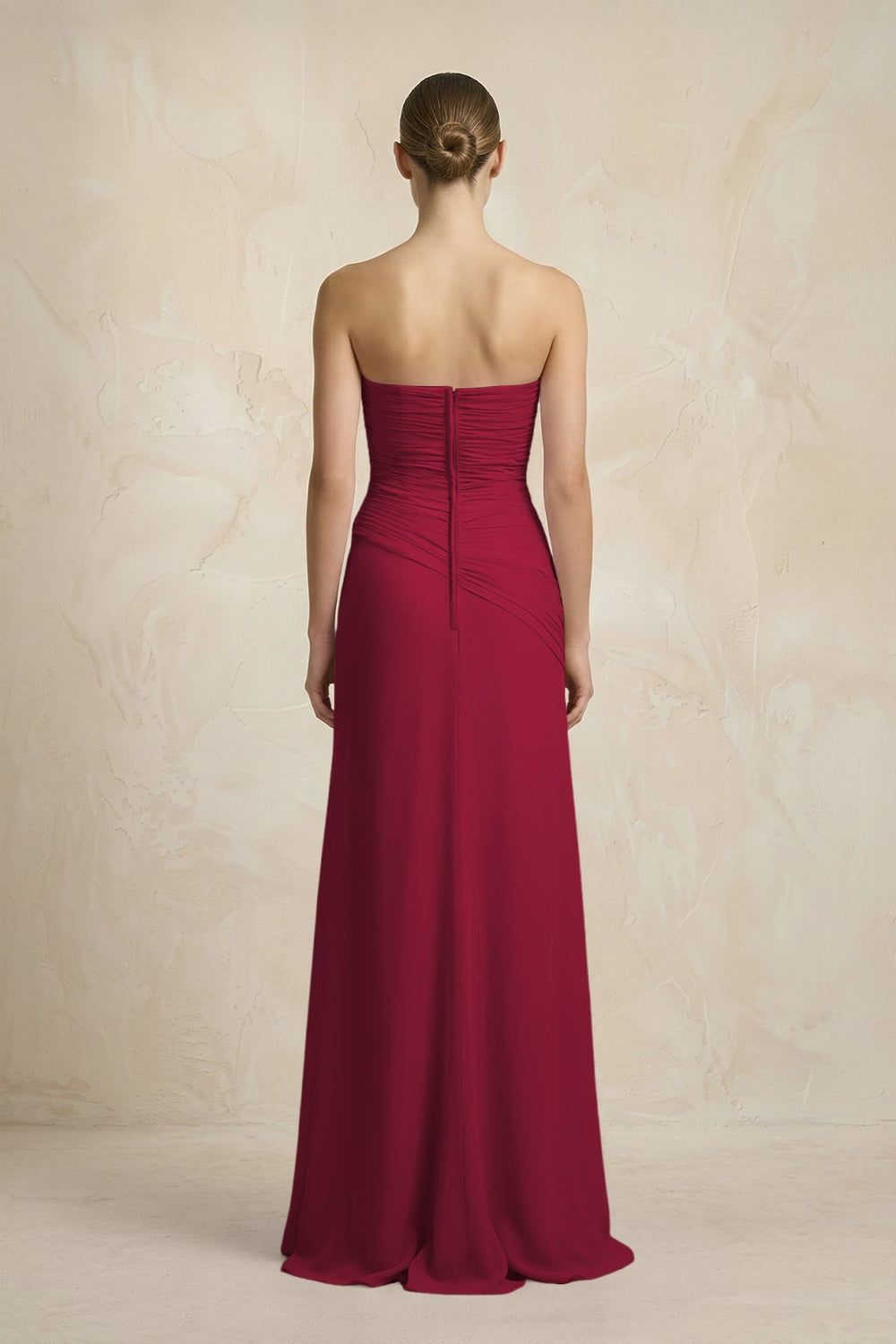 Sheath Chiffon Strapless Pleated Bridesmaid Dress in Berry - KissProm Bridesmaid Dresses