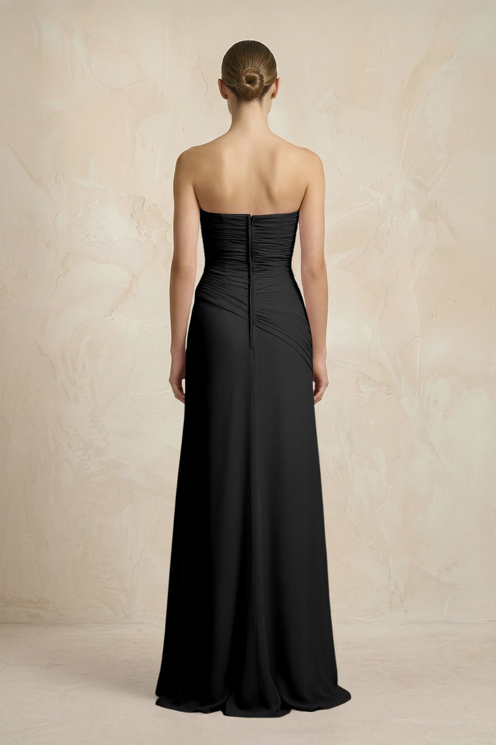 Sheath Chiffon Strapless Pleated Bridesmaid Dress in Black - KissProm Bridesmaid Dresses