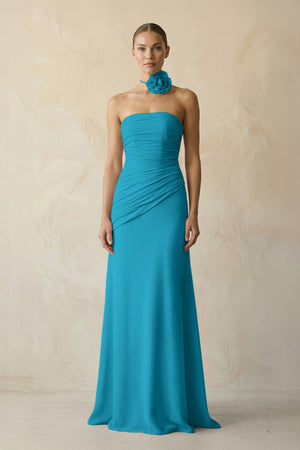 Sheath Chiffon Strapless Pleated Bridesmaid Dress in Blue Jay - KissProm Bridesmaid Dresses