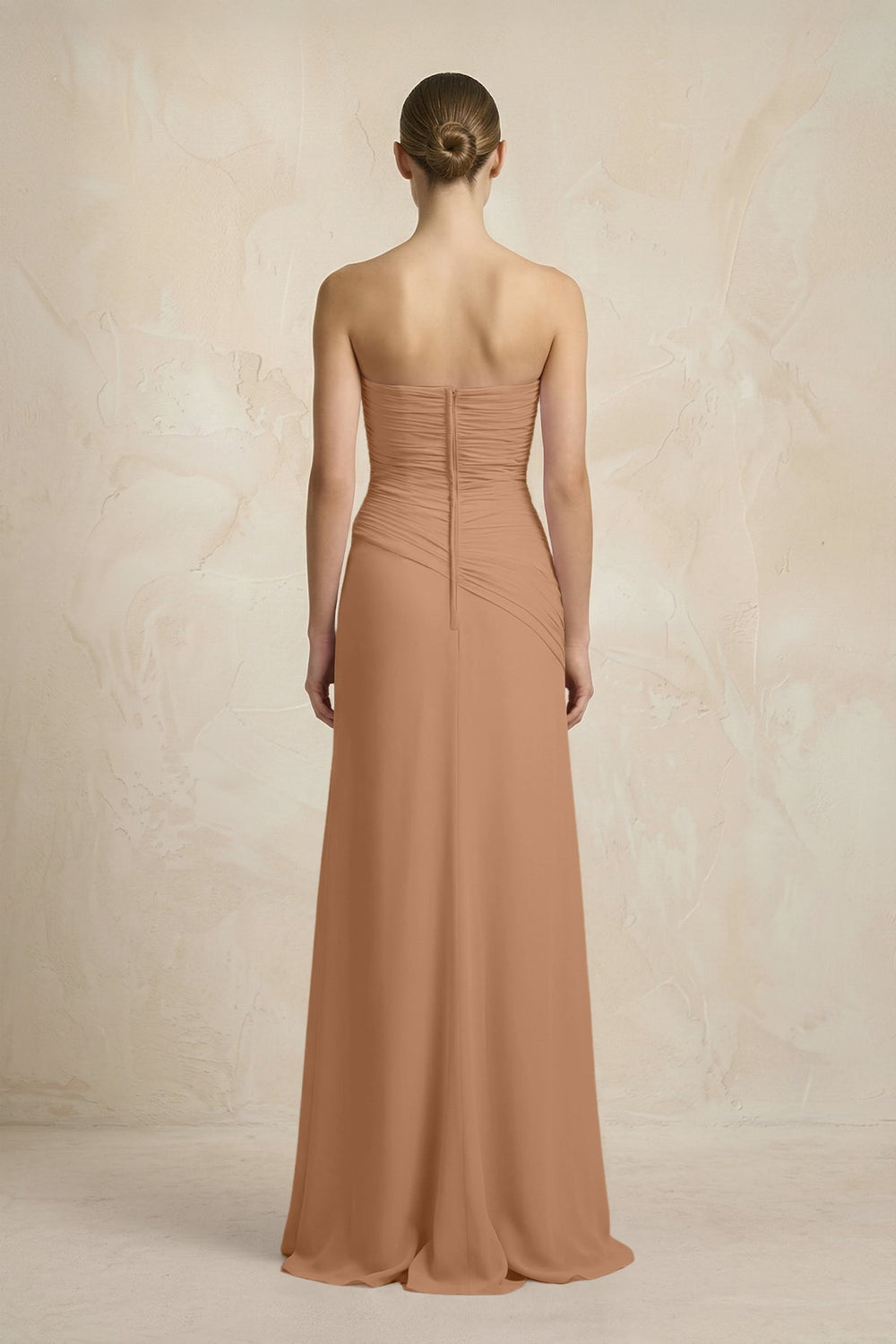 Sheath Chiffon Strapless Pleated Bridesmaid Dress in Bronzer - KissProm Bridesmaid Dresses
