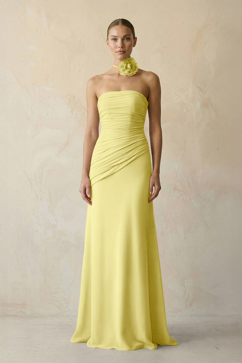 Sheath Chiffon Strapless Pleated Bridesmaid Dress in Buttercup - KissProm Bridesmaid Dresses