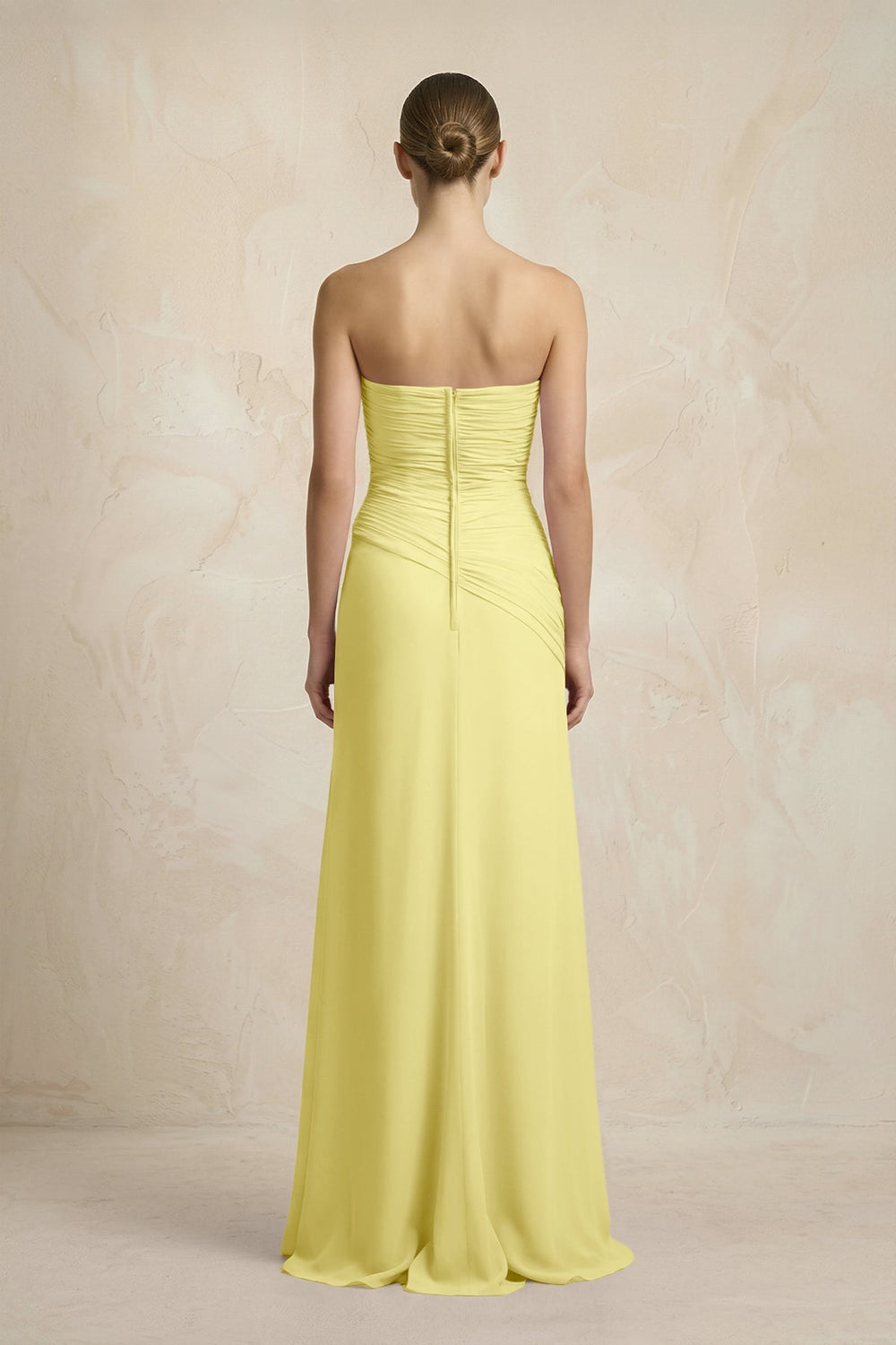 Sheath Chiffon Strapless Pleated Bridesmaid Dress in Buttercup - KissProm Bridesmaid Dresses