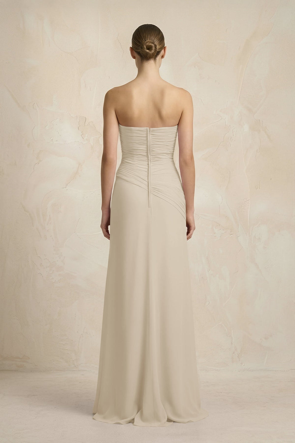 Sheath Chiffon Strapless Pleated Bridesmaid Dress in Champagne - KissProm Bridesmaid Dresses