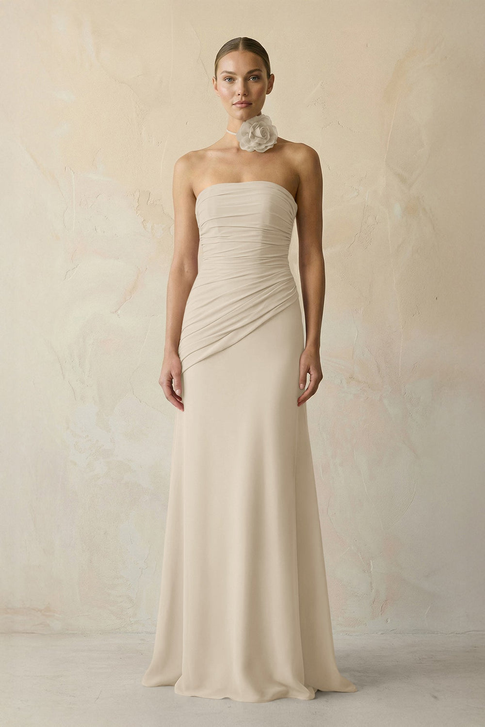 Sheath Chiffon Strapless Pleated Bridesmaid Dress in Champagne - KissProm Bridesmaid Dresses