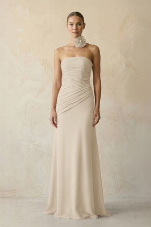 Sheath Chiffon Strapless Pleated Bridesmaid Dress in Champagne - KissProm Bridesmaid Dresses