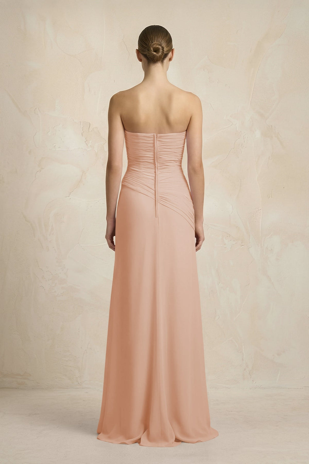 Sheath Chiffon Strapless Pleated Bridesmaid Dress in Champagne Rose - KissProm Bridesmaid Dresses