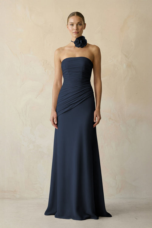 Sheath Chiffon Strapless Pleated Bridesmaid Dress in Dark Navy - KissProm Bridesmaid Dresses