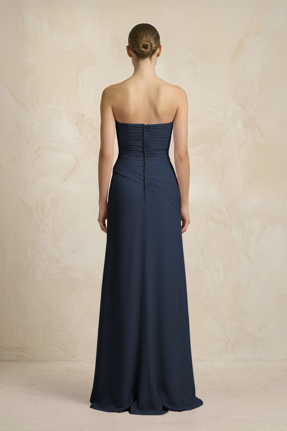 Sheath Chiffon Strapless Pleated Bridesmaid Dress in Dark Navy - KissProm Bridesmaid Dresses