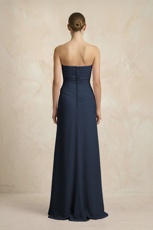 Sheath Chiffon Strapless Pleated Bridesmaid Dress in Dark Navy - KissProm Bridesmaid Dresses