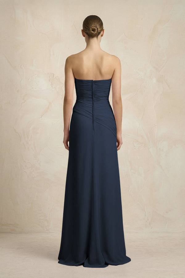 Sheath Chiffon Strapless Pleated Bridesmaid Dress in Dark Navy - KissProm Bridesmaid Dresses