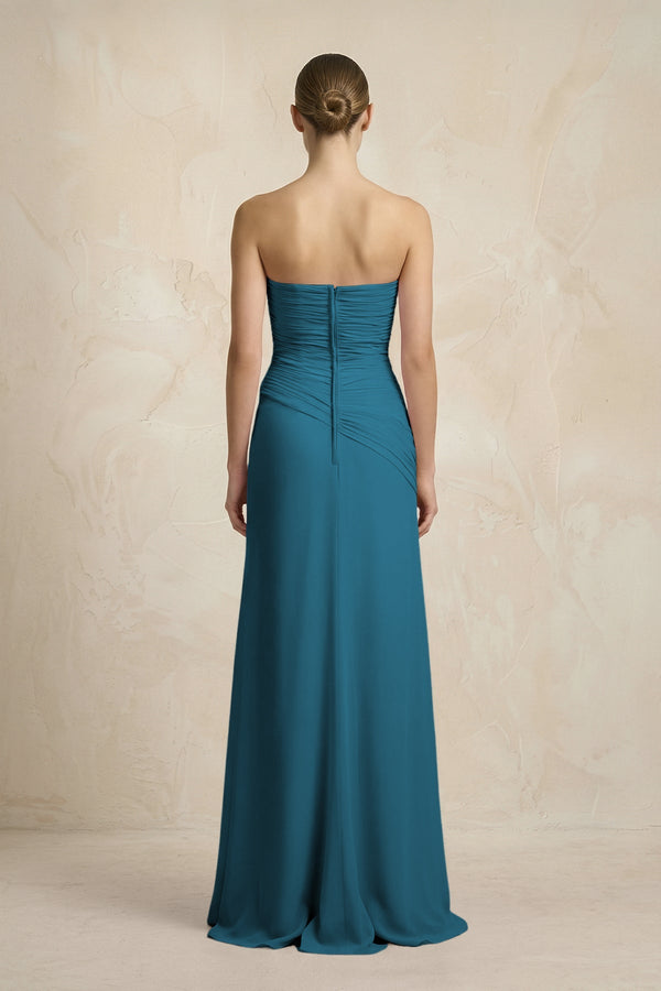 Sheath Chiffon Strapless Pleated Bridesmaid Dress in Dark Teal - KissProm Bridesmaid Dresses