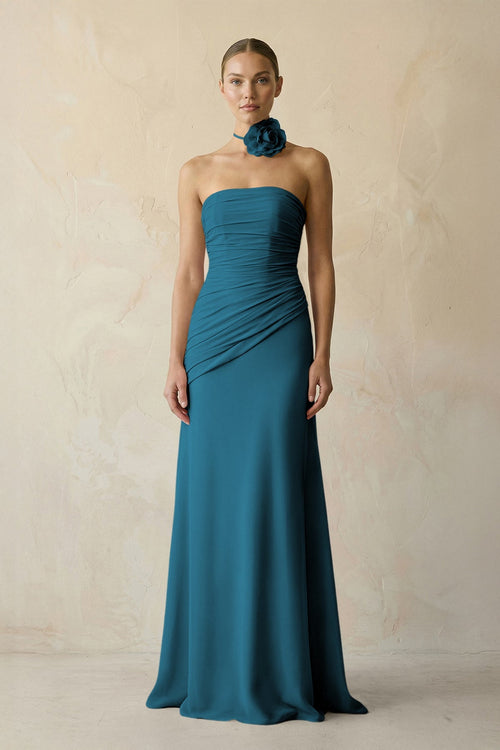 Sheath Chiffon Strapless Pleated Bridesmaid Dress in Dark Teal - KissProm Bridesmaid Dresses