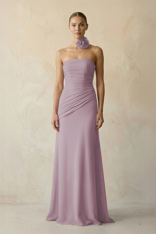 Sheath Chiffon Strapless Pleated Bridesmaid Dress in Dusk - KissProm Bridesmaid Dresses
