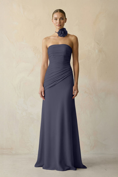 Sheath Chiffon Strapless Pleated Bridesmaid Dress in Dusk Blue - KissProm Bridesmaid Dresses