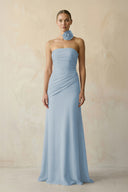 Sheath Chiffon Strapless Pleated Bridesmaid Dress in Dusty Blue - KissProm Bridesmaid Dresses