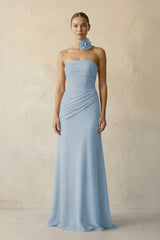 Sheath Chiffon Strapless Pleated Bridesmaid Dress in Dusty Blue - KissProm Bridesmaid Dresses