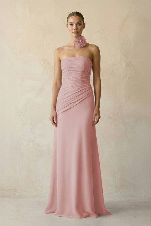 Sheath Chiffon Strapless Pleated Bridesmaid Dress in Dusty Rose - KissProm Bridesmaid Dresses
