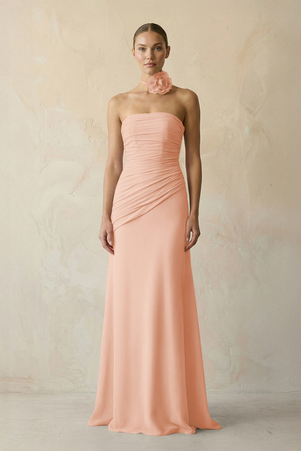 Sheath Chiffon Strapless Pleated Bridesmaid Dress in English Rose - KissProm Bridesmaid Dresses