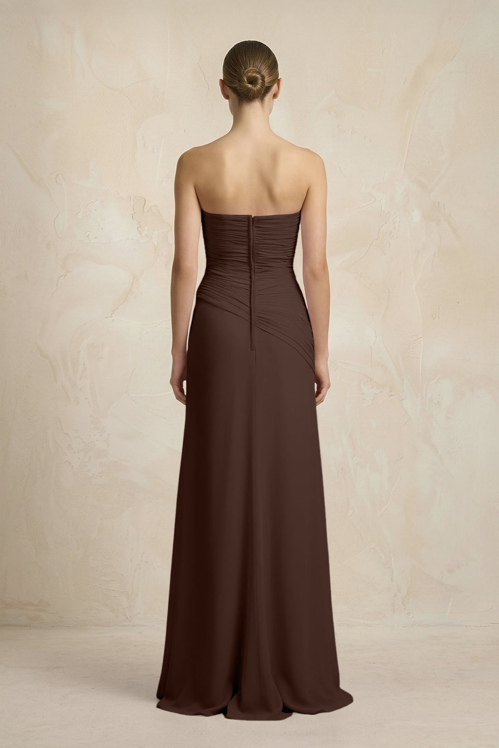 Sheath Chiffon Strapless Pleated Bridesmaid Dress in Espresso - KissProm Bridesmaid Dresses