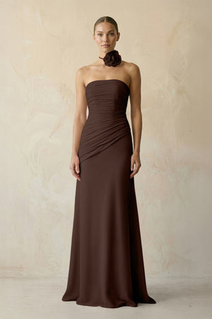 Sheath Chiffon Strapless Pleated Bridesmaid Dress in Espresso - KissProm Bridesmaid Dresses