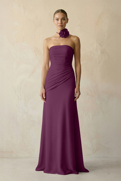 Sheath Chiffon Strapless Pleated Bridesmaid Dress in Fig - KissProm Bridesmaid Dresses